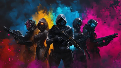 Tactical cyber squad with neon smoke gradients and rifles.