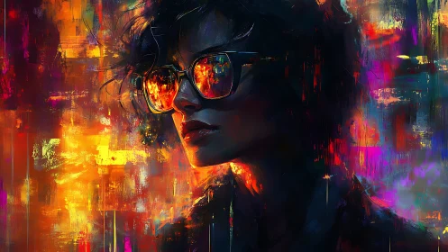 Woman in reflective neon glasses watches blazing city light