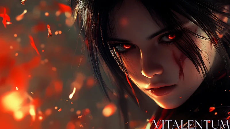 Intense red eyed warrior portrait in fiery digital art.