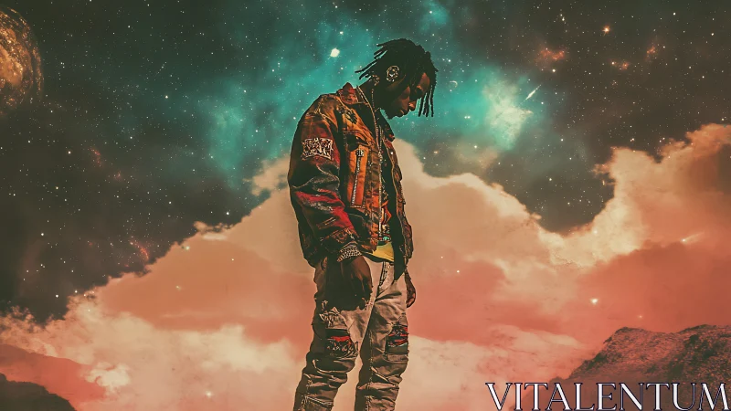 Lone figure stands under nebula sky over molten desert.