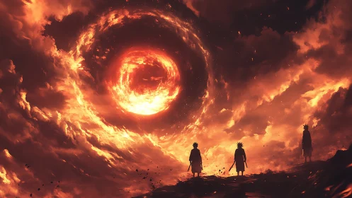 Silhouetted warriors under swirling fiery sky vortex.