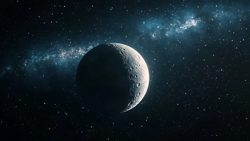 Craters on moonlike sphere illuminated against dense star field