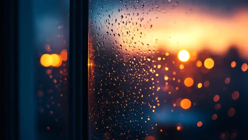 Optical bokeh field on rain‑streaked window at sunset twilight.