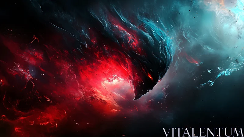 Digital painting of cosmic inferno entity in dynamic motion.