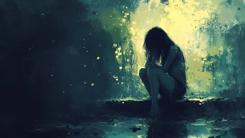 Solitary figure curls inward amid luminous emotional darkness