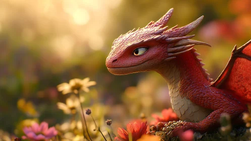 Young red dragon sits among wildflowers at golden hour