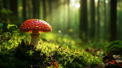 Red fly agaric glows over mossy forest floor at sunrise