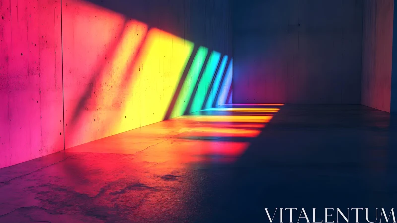 Vivid Rainbow Light Casting Across Minimalist Concrete Room.
