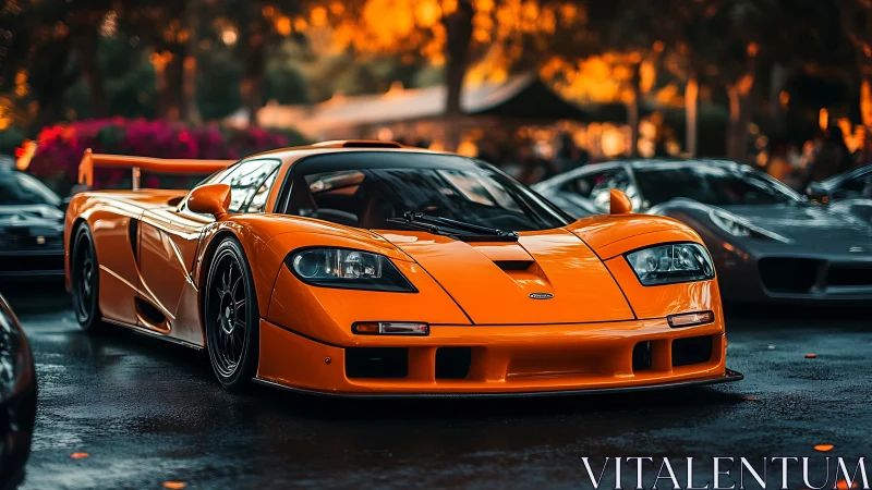 Orange sports car is parked among vehicles at outdoor meet