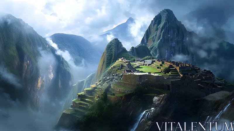 Misty mountain citadel bathed in soft morning light.