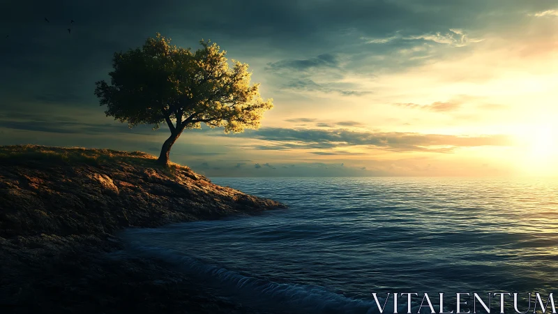 Solitary coastal tree under luminous ocean sunset.