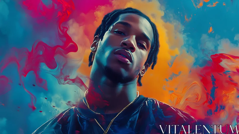 Portrait of young man against vivid swirling color clouds