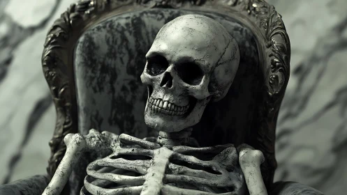 Weathered human skeleton slumps on ornate antique chair.