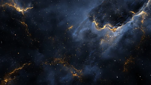 Golden nebula rivers carve glowing paths through deep space