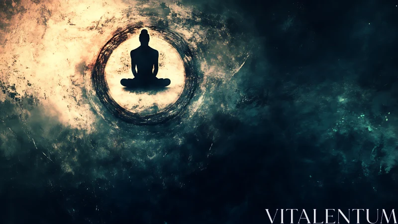 Silhouetted meditator suspended in luminous cosmic vortex