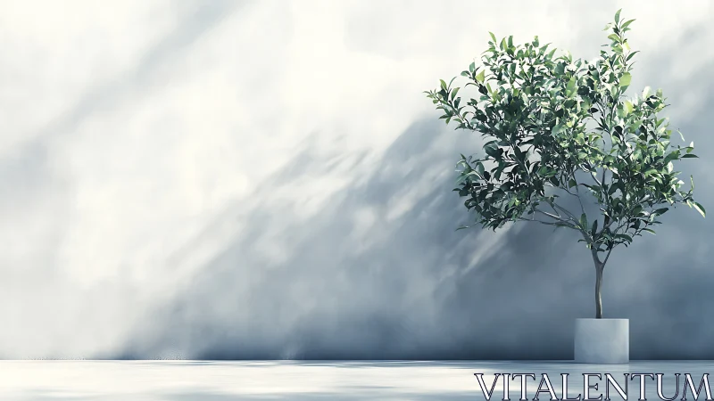 Minimalist potted tree rendered against soft diffused wall light