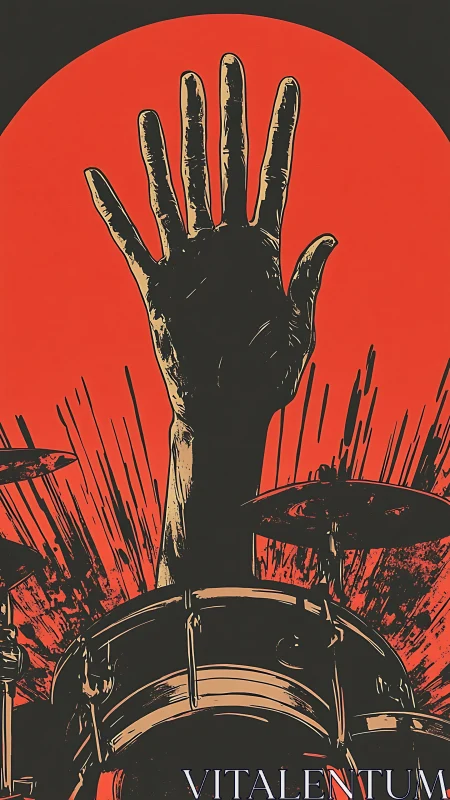 Raised hand silhouettes above drums in graphic limited-palette poster