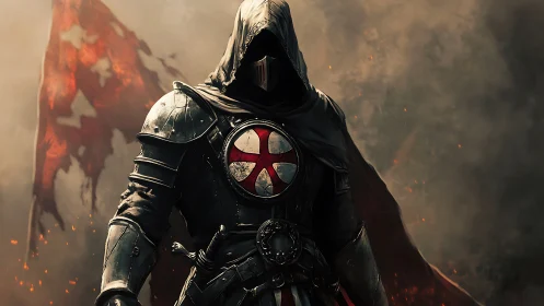 Hooded crusader knight stands before tattered war banner.