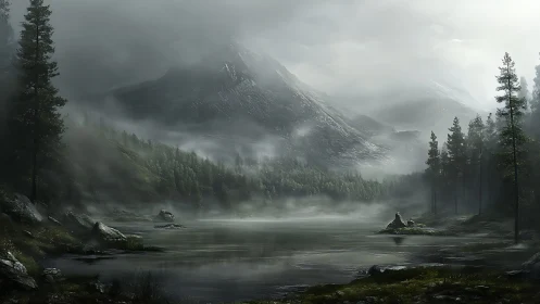 Misty conifer forest around still mountain lake at dawn.