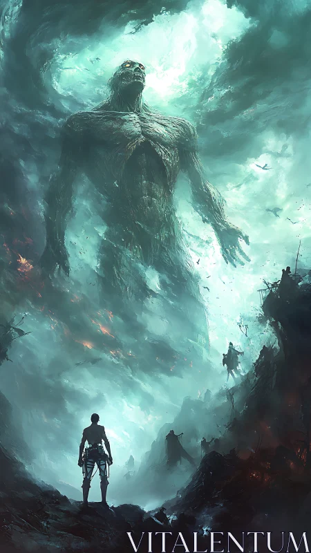 Human warrior confronts colossal glowing-eyed titan.