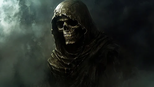 Grinning hooded reaper draped in swirling midnight fog.