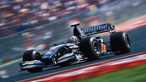 Midnight blue race car carving through a blurred hot lap.