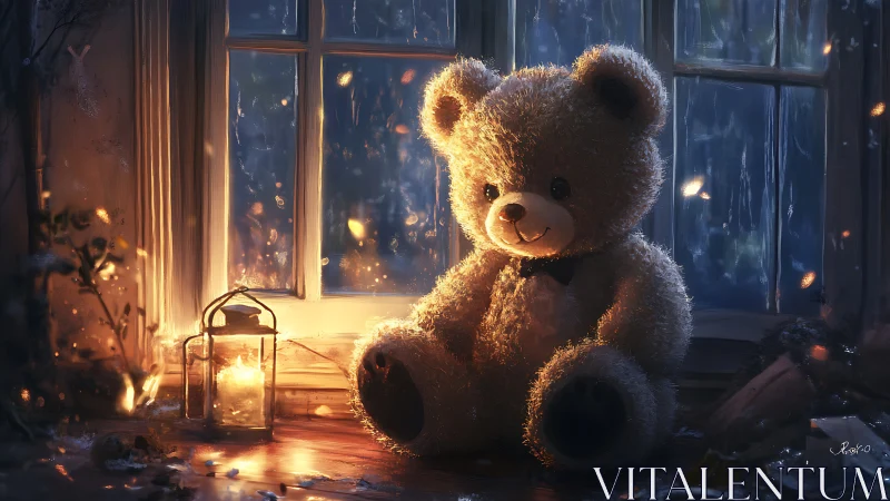 Lanternlit teddy bear guarding a rainy midnight window glow.