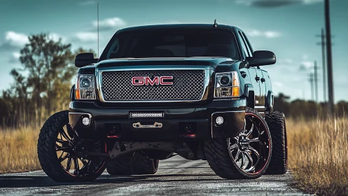 Lifted black GMC truck dominates rural road perspective.