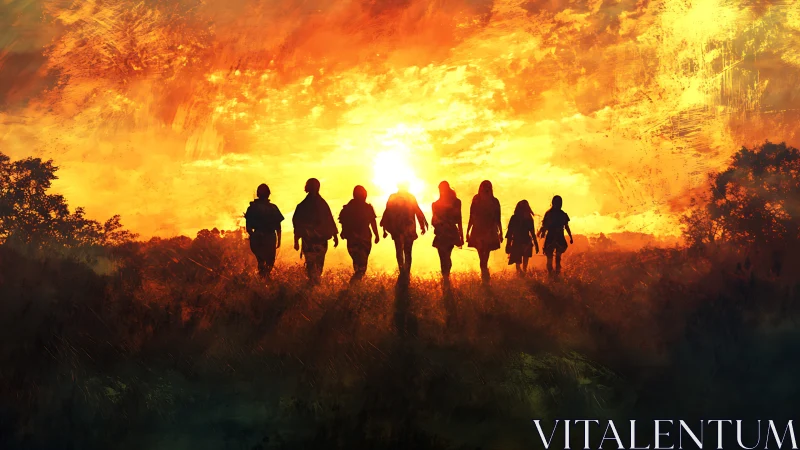 Silhouetted Group Walking Toward Vibrant Sunset, Digital Art.