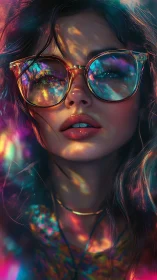 Dreamy girl in glowing glasses gazes through rainbow light