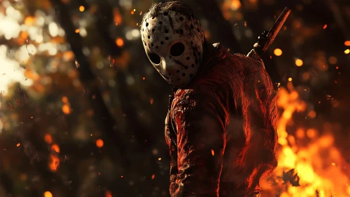 Masked killer in burning forest with cinematic depth of field