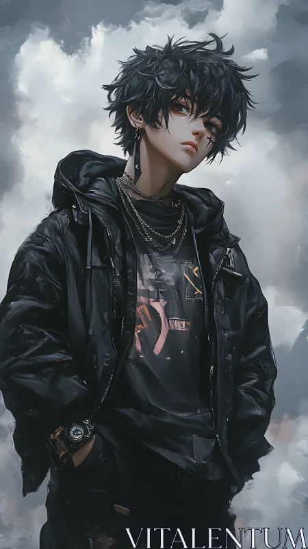 Black-haired anime boy stands in layered streetwear clothing