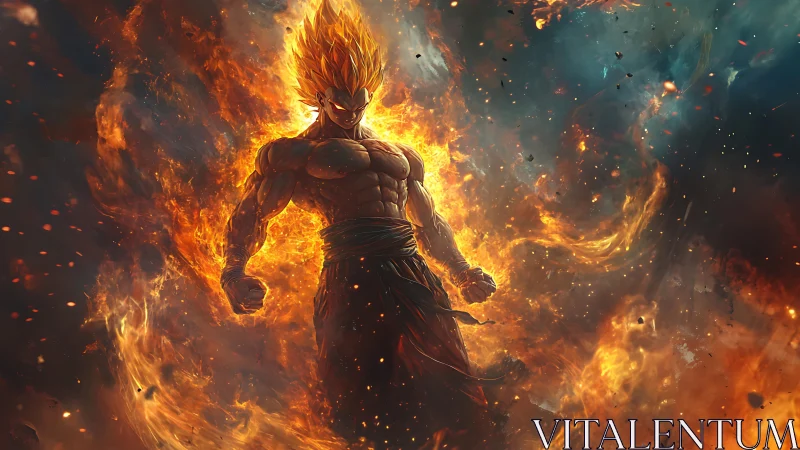 Plasma-charged warrior in eruptive inferno energy field.