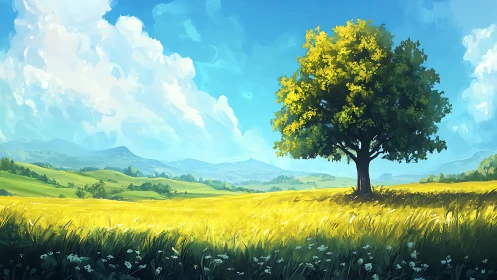 Solitary tree in luminous summer meadow landscape painting.