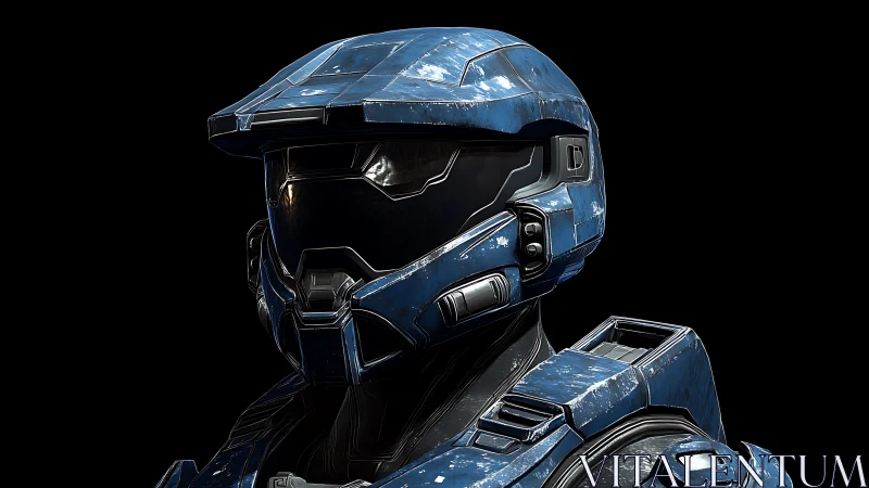 Battleworn cobalt space trooper watching the void.