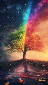 Dual-season rainbow tree under starry cosmic sky.