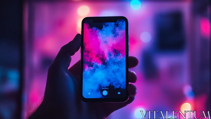Smartphone screen glows with neon clouds in moody bokeh night