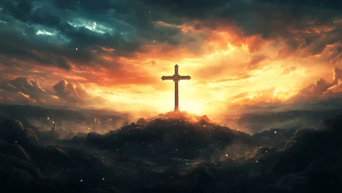 Solitary wooden cross on ridge under illuminated sky at dusk.