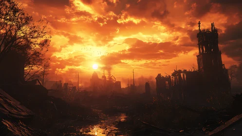 Fiery sunset descends over ruined post-apocalyptic cityscape