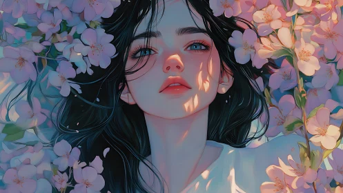 Digital portrait of young woman among pink blossoms.