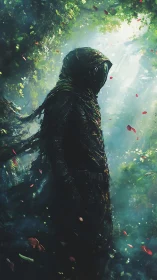 Hooded forest figure standing in glowing misty clearing.