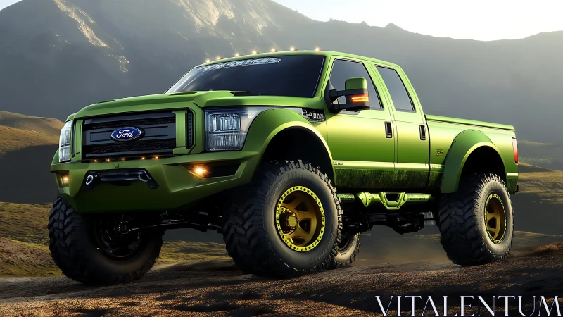 Green lifted Ford pickup truck on rugged mountain trail.