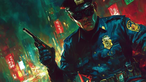 Night patrol officer in vivid neon city streets.
