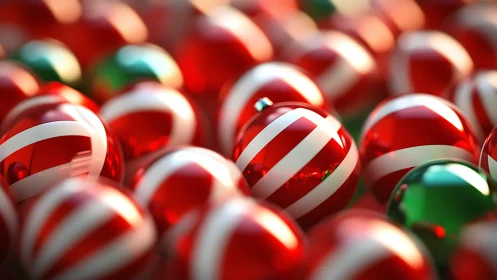 Shiny striped ornaments glowing with cozy holiday cheer.