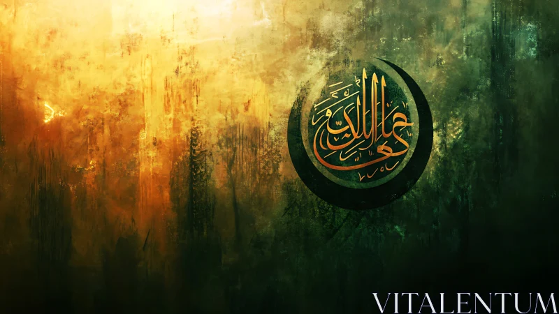 Golden dusk halo cradling luminous Arabic calligraphy.