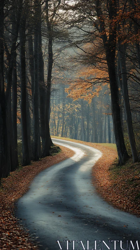 Winding Country Road Through Golden Autumn Forest.