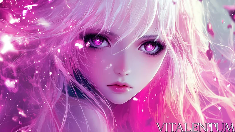 Iridescent anime portrait renders luminous magenta gaze in focus