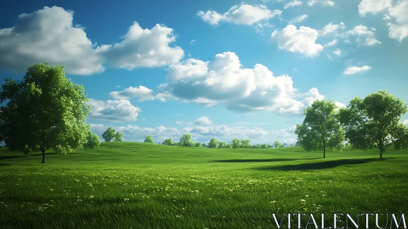 Sunlit green meadow under deep blue sky with clouds.