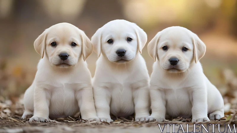 Three cream-colored Labrador puppies sit outdoors facing camera
