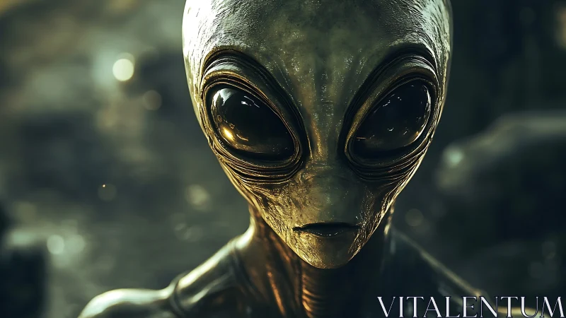 Rendered extraterrestrial head is shown in tight frontal view